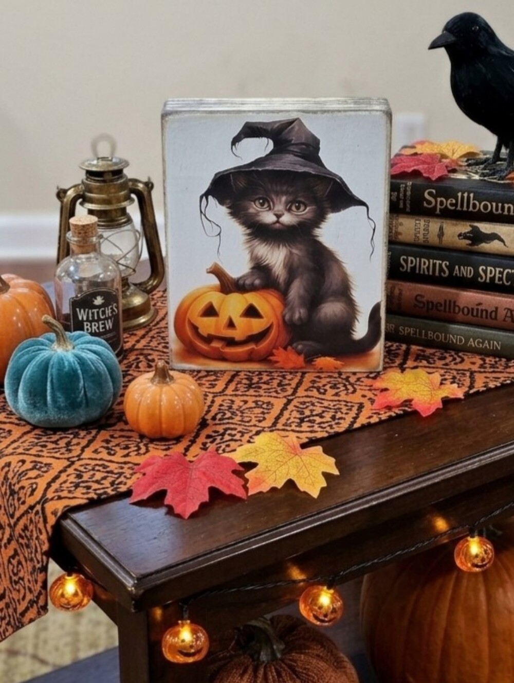 Upcycled Halloween Black Cat & Pumpkin Shelf Sitter Sign